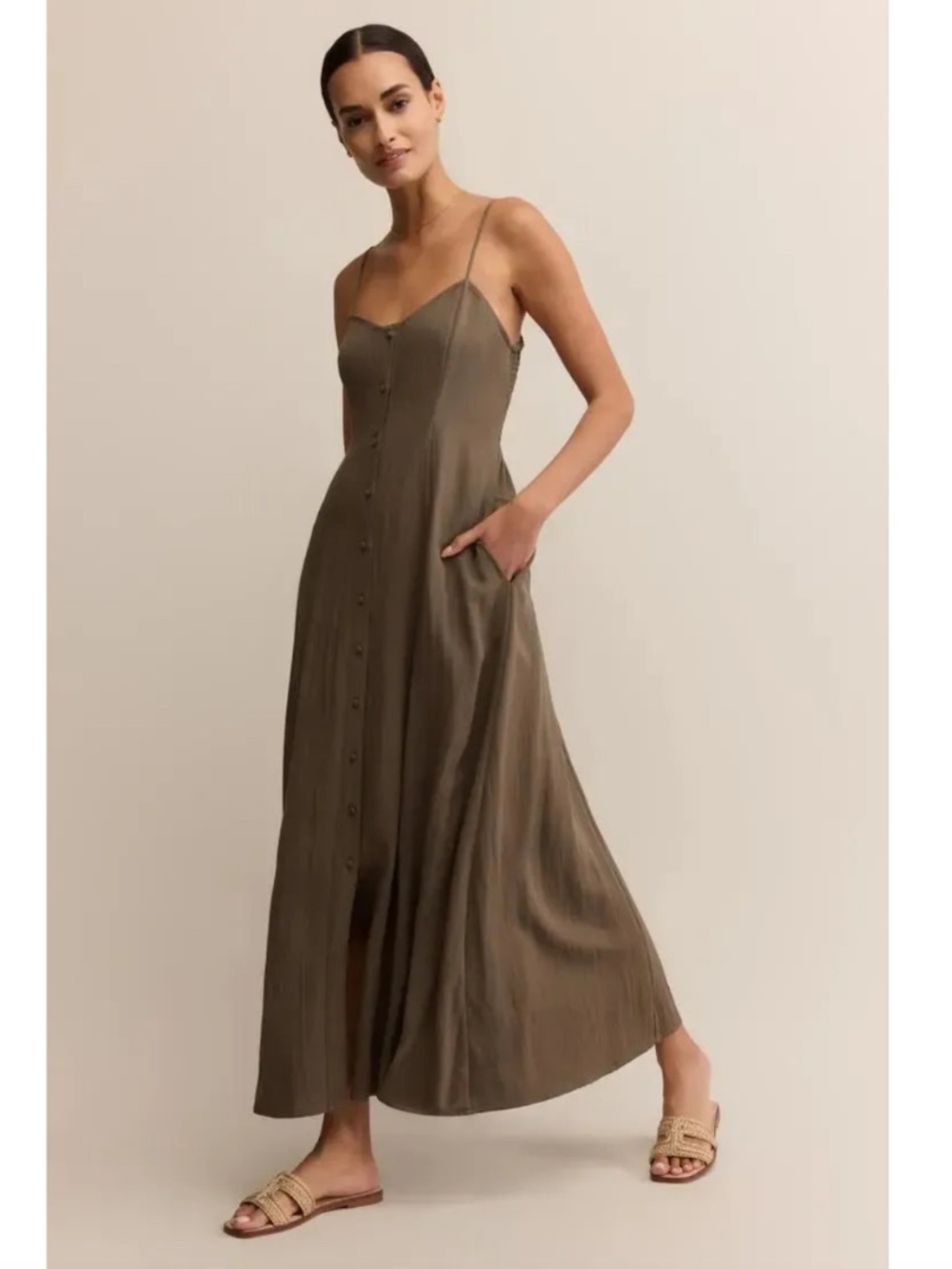 Z Supply Angel Eyes Midi Dress, Medium, Tiki Taupe, NWT Spaghetti Straps Flowy